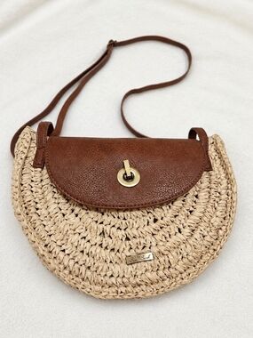 Sun'N'Sand Straw Half Moon Crossbody Bag Tan Faux Leather Boho Summer